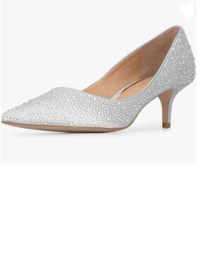 FSJ Silver Pointed Toe Low Thin Heel Pumps Slip on Rhinestones Bridal Shoes
